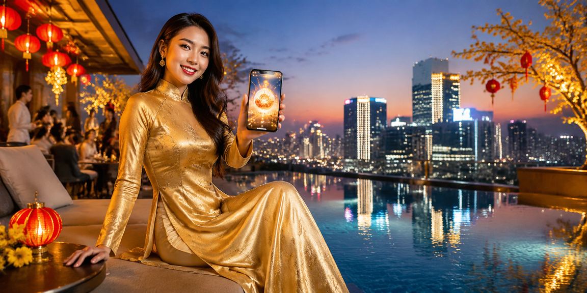 Phụ nữ mặc áo dài tại Hà Nội xem kết quả xổ số và tiền thưởng trên điện thoại