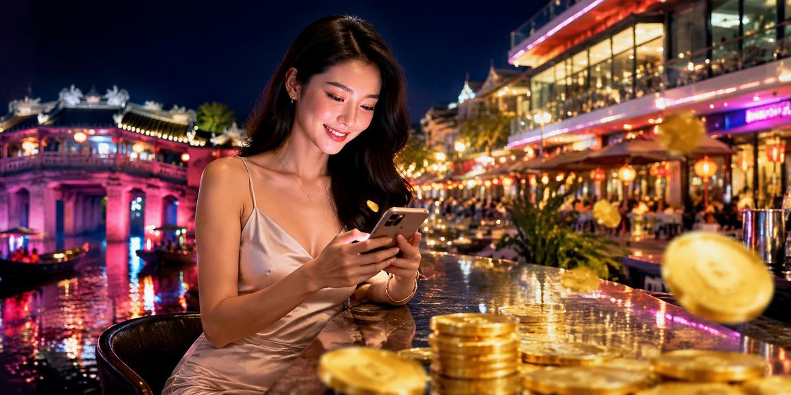 Người chơi tại chợ đêm Hội An tham gia slot game và quản lý tiền thưởng rr66