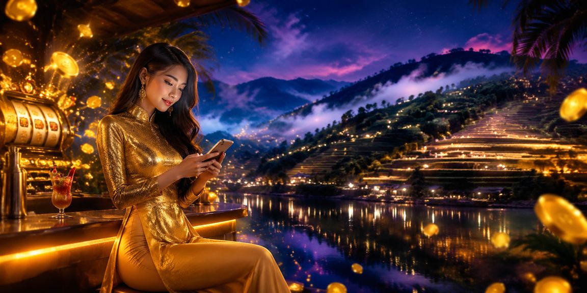 Phụ nữ mặc áo dài tại Sa Pa chơi slot game và xem tiền thưởng trên điện thoại