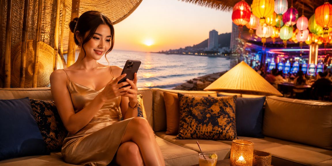 Người chơi tại Vũng Tàu kiểm tra điểm thưởng casino trên điện thoại bên bờ biển